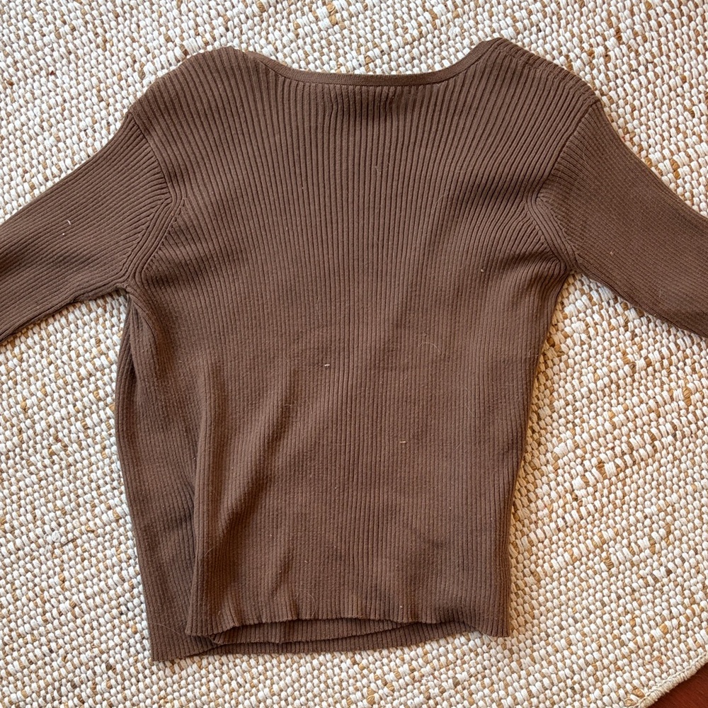First Rite Brown Ribbed V-Neck Wrap Sweater - Picture 3 of 3